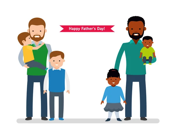 Happy Fathers Day. Two happy father with children, single dad European, the other dad is African American. — Stock Vector