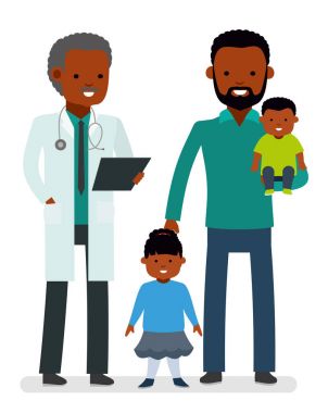 Çocuk sağlığı için bakım. Çocuk doktoru ve baba ile oğlu ve kızı beyaz bir arka plan üzerinde