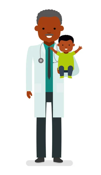 El pediatra sostiene a un bebé sano y alegre. Médico de niños. Afroamericanos . — Vector de stock