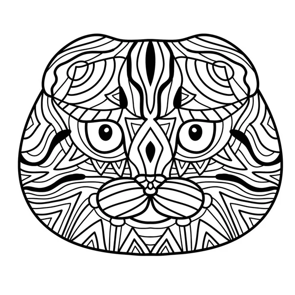 Gambar tinta hitam dan putih. Kepala kucing ras Skotlandia lipatan dengan pola - Stok Vektor