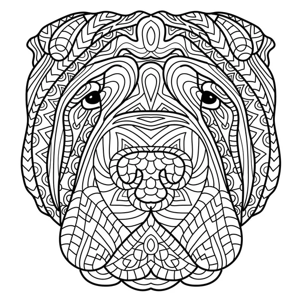 Раскраска для взрослых. Собачья книга. Голова собаки Шарпей с племенным узором . — стоковый вектор