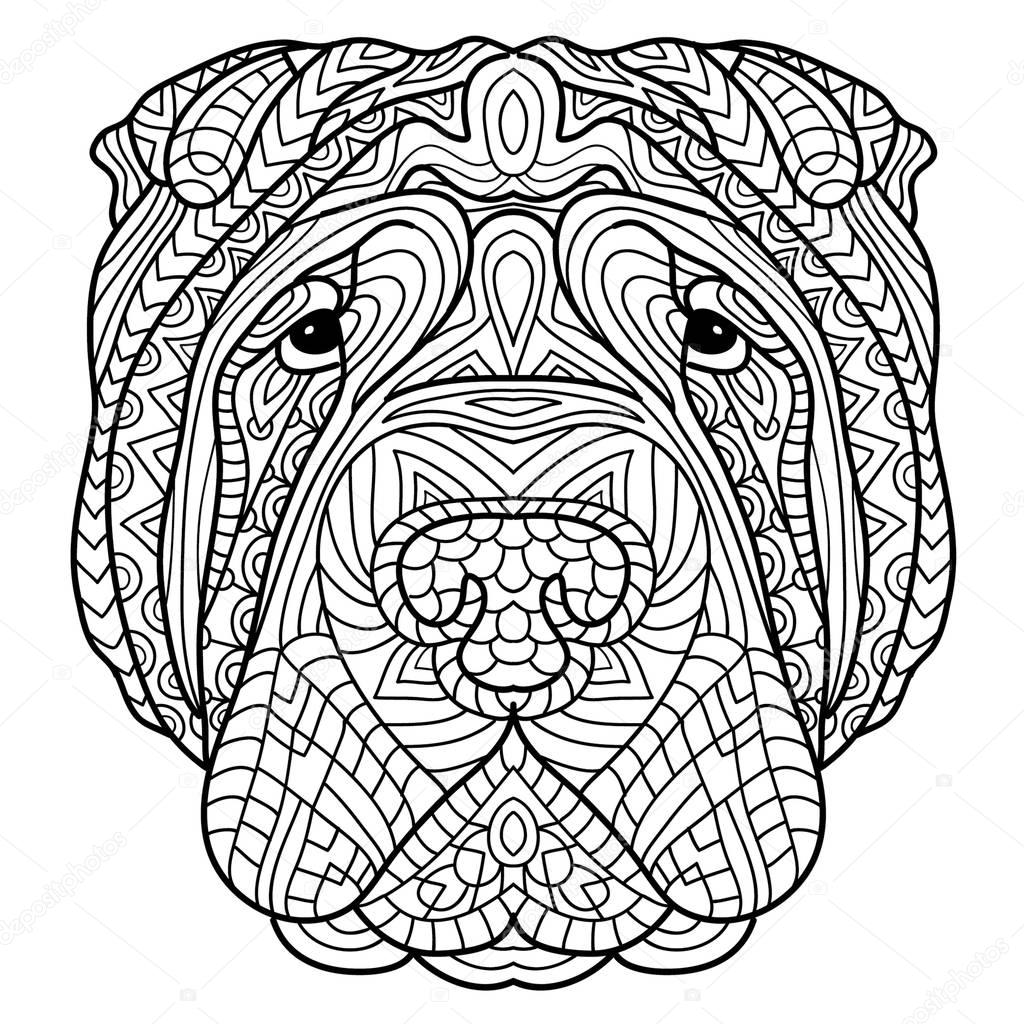 Coloring book for adults. Dog book. The head of a dog Sharpay with tribal pattern.