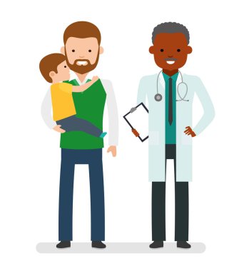 Çocuk sağlığı için bakım. Çocuk doktoru ve baba ile oğlu beyaz bir arka plan üzerinde.