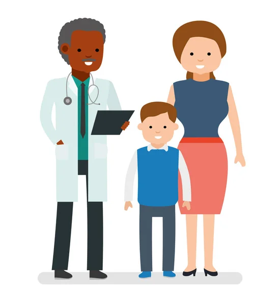 关心儿童的健康。儿科医生和母亲与儿子在白色背景上. — 图库矢量图片