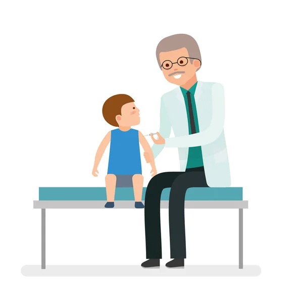 Une visite chez le médecin. Prendre soin de la santé de l'enfant. Vaccination. Le pédiatre fait une piqûre patient garçon . — Image vectorielle