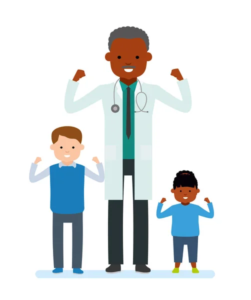 Rodinný lékař. Péče o zdraví dítěte. Lékař, pediatr s dětmi, pacienti, děvče a chlapec. — Stockový vektor