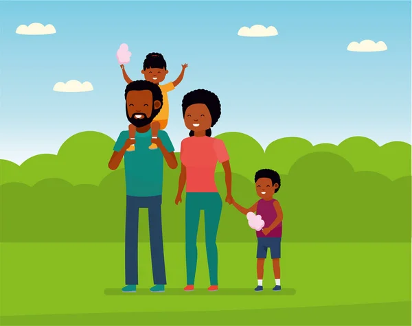 De ocio familiar. Familia africana en el parque de atracciones. Caminatas familiares en el parque, niños comiendo algodón de azúcar . — Vector de stock