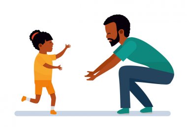 Mutlu Afrika aile. Aile eğlence. Kız gülüyor ve babası kollarına çalışır.