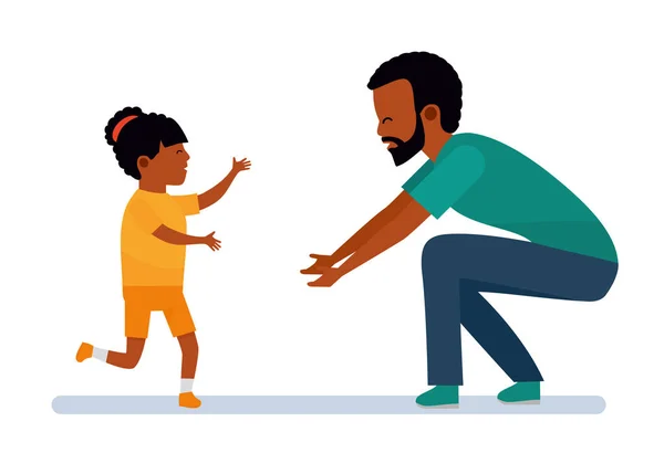 Afrikaanse en gelukkige familie. Familie vrije tijd. Het meisje lacht en loopt in de armen van de vader. — Stockvector