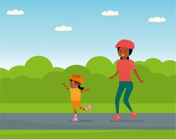 Семейный отдых. Семья в парке развлечений. Семья - мать и дочь катаются на роликовых коньках . — стоковый вектор