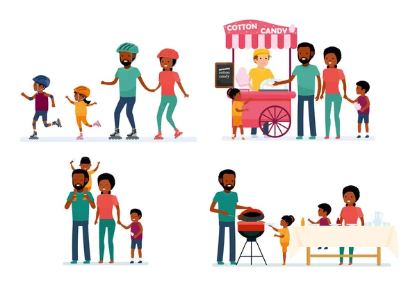 Uppsättning familj fritid. Afrikanska familj. BBQ hemma, picknick i naturen, gå på nöjespark, rullskridskoåkning. — Stock vektor