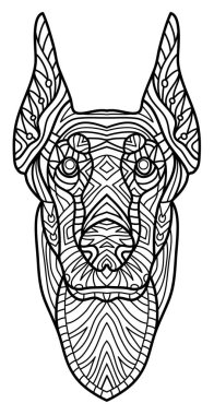 Tek renkli mürekkep çizim. Boyama kitabı yetişkinler için. Bir Doberman desenli başkanı.