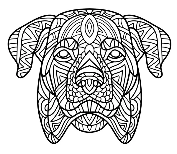 Tek renkli mürekkep çizim. Boyama kitabı yetişkinler için. Bir Rottweiler tribal desenli başkanı. Zenart.