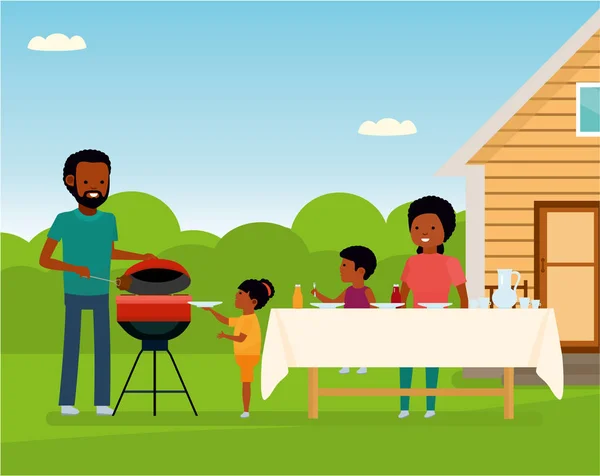 African Happy family preparing a barbecue grill outdoors. Family leisure — Stock Vector