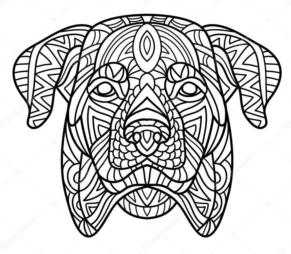 Monochrome ink drawing. Coloring book for adults. The head of a Rottweiler with tribal pattern. Zenart.