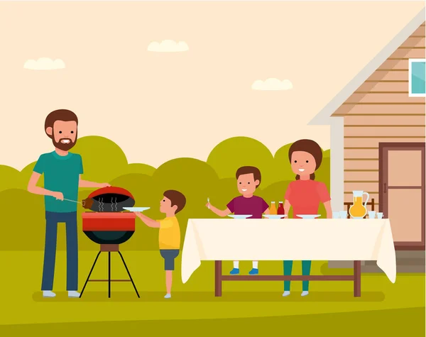 Happy family preparing a barbecue grill outdoors. Family leisure. — Stock Vector