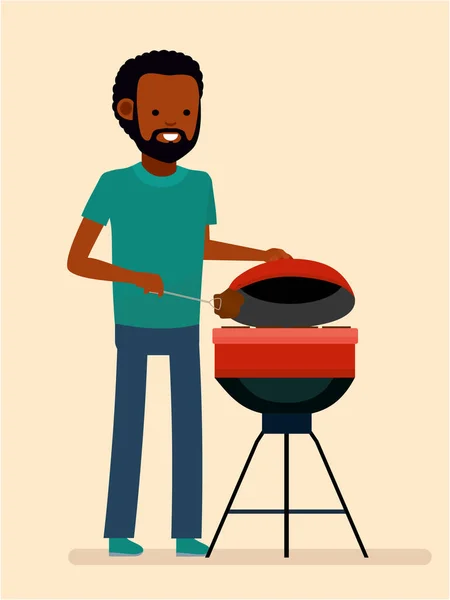 Człowiek jest gotowanie grill grilla. Smażyć mięsa i kiełbasy na ogień. African American osób — Wektor stockowy