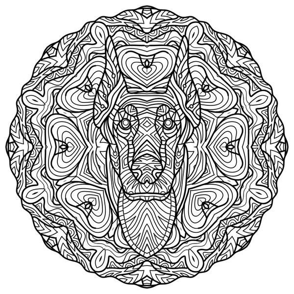 Libro para colorear para adultos. Libro de perros. La cabeza de un perro Doberman en el patrón tribal circular de fondo. Diseño de arte de línea . — Archivo Imágenes Vectoriales