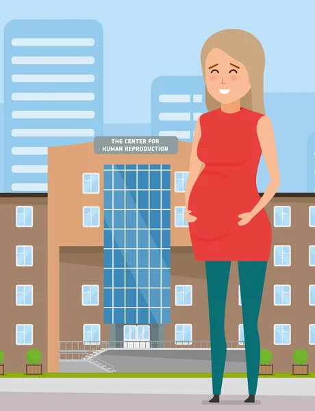 Menina grávida feliz contra a construção do centro de reprodução humana — Vetor de Stock