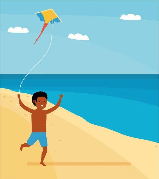 Lazer familiar. Hora de verão. Menino feliz correndo na praia com um papagaio na mão . — Vetor de Stock