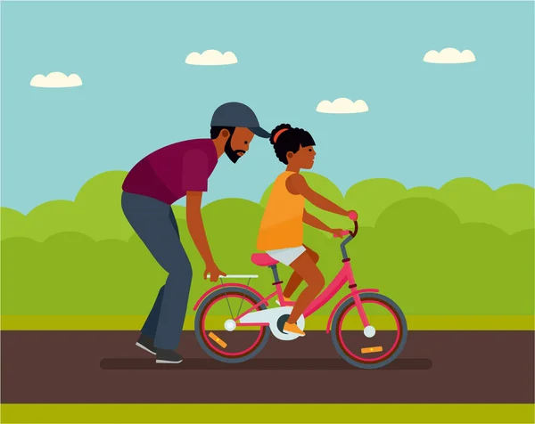 De ocio familiar. Hora de verano. Afroamericanos. Padre caminando con su hija en Park, padre ayudando a su hija a montar en bicicleta . — Vector de stock