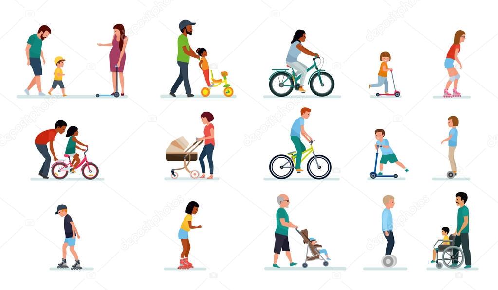 People generation. People of all ages in the Park. Set of illustrations of people walking in the Park, on bike, on scooter, on gyrometer.