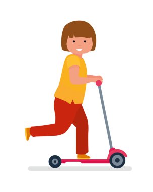 Scooter üzerinde şirin kız. Beyaz arka plan.