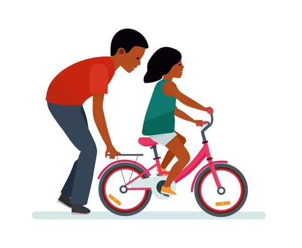 Vader en dochter. Vader helpen dochter een fiets te rijden. Witte achtergrond. Afrikaanse Amerikaanse volk. — Stockvector