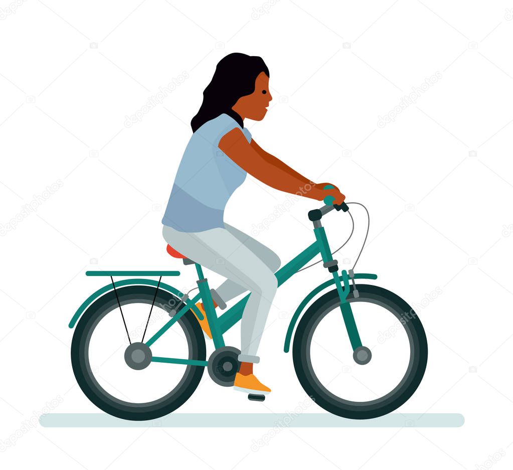 Girl on bike. White background. African American people.