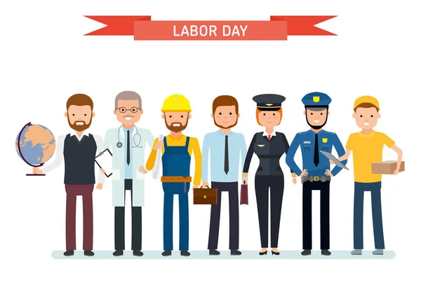 Labor Day. A group of people of different professions on a white background. Teacher, doctor, Builder, businessman, pilot, cop, courier.