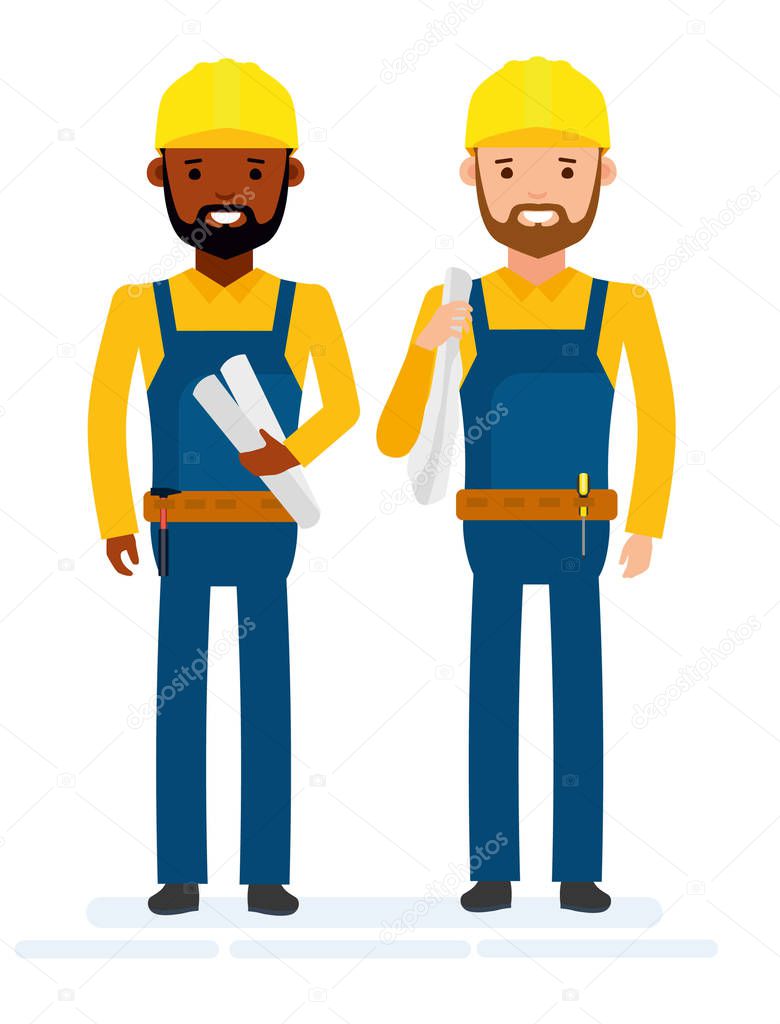 Construction workers. White background.