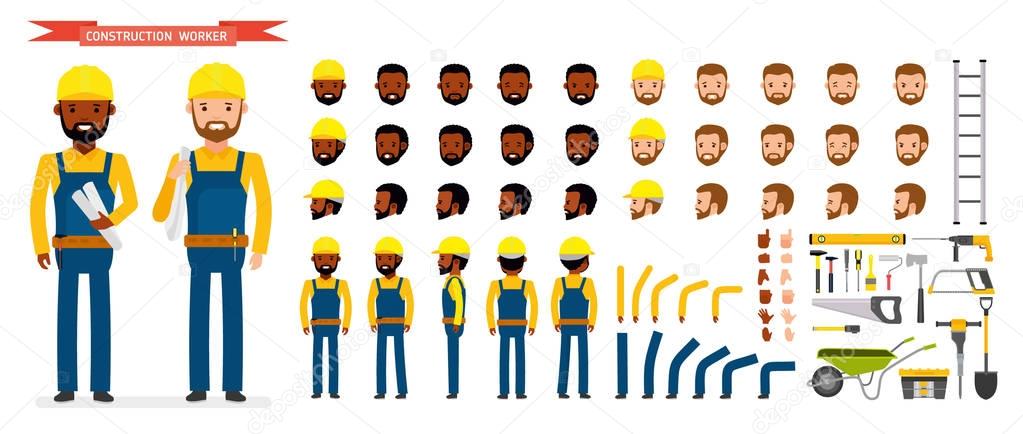 Construction worker Character creation set. Male worker in blue overall, Various poses and emotions, running, standing, walking, working.