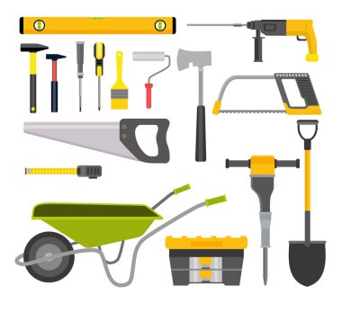 İnşaat. Bina ve yükleme için araçlar. Arabası, araçlar, çekiç, testere, testere, değirmeni, fırça, balta, mezura, kürek, tornavida, silindir, değirmeni, satır için durum.