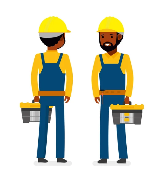 Trabajador de construcción con bolsa de herramientas. Aislado sobre fondo blanco. Ilustración vectorial . — Vector de stock