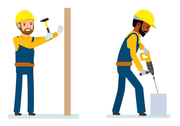 Conjunto de trabajador de la construcción masculino, huelgas de los trabajadores con un martillo un clavo, trabajador de perforación de hormigón. Aislado sobre fondo blanco . — Vector de stock
