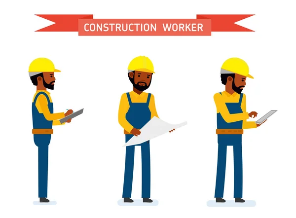 Set of male construction worker, the worker looks at the tablet, plan and logs. Isolated against white background. Vector illustration. — Stock Vector