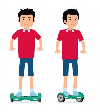 Bir genç adam Ride elektrik panosu Hover veya kendi kendine karşı scooter. Ön, arka izole beyaz arka plan görüntülemek. Doğa sporları.