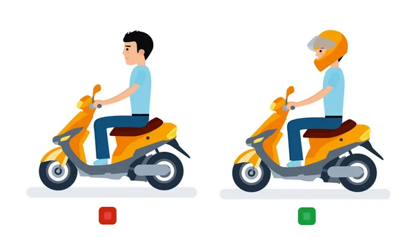 The guy rides a moped with a helmet and without a helmet, and safety regulations. — Stock Vector