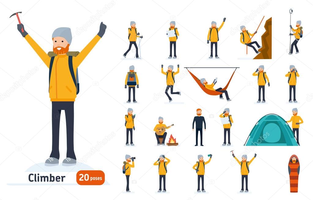 Climber set. Ready to use character set. Climber with a pick on top of a mountain, tourist hiking, resting, walking, trekking