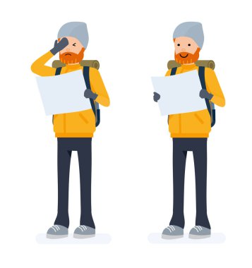 Dağcı seti, turistik harita ile. Beyaz arka plan karşı izole.