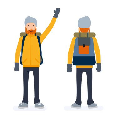 Dağcı kümesi, turist adam ön ve arka. Karakter oluşturma. Beyaz arka plan karşı izole.