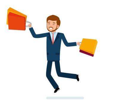 Alışveriş sevinç için atlama takım elbiseli adam.