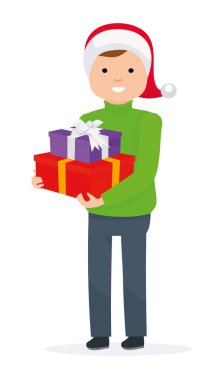 Noel şapkalı bir tatil için bir hediye ile mutlu çocuk.