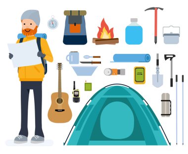 Çizgi film düz vektör simgeler kümesi. Turizm, çadır, tırmanma, dağcılık, bir gecede, macera.