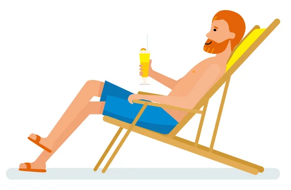 Homem maduro com um coquetel sentado em uma cadeira em uma praia — Vetor de Stock