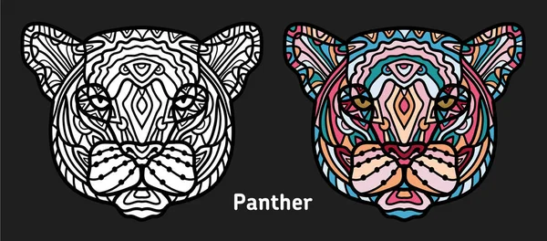 Pantera dibujada a mano con patrón de garabatos étnicos. Página para colorear - z — Vector de stock