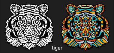 Yetişkinler için - Kaplan boyama sayfası. Siyah beyaz el çizilmiş doodle hayvan. Etnik desenli vektör çizim. Afrika, Hint, totem, aşiret tasarım.