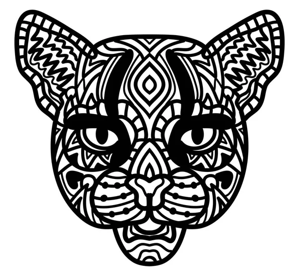 Γάτα. Χέρι άγρια γάτα με doodle έθνικ μοτίβο. Χρωματισμός σελίδα - zendala, σχέδιο για πνευματική ξεκούραση για τους ενήλικες, εικονογράφηση διάνυσμα, απομονωθεί σε λευκό φόντο. Doodles Ζεν. — Διανυσματικό Αρχείο