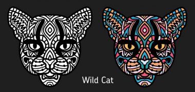 Vahşi kedi yüz doodle kitap sayfa yetişkin renklendirme. Renkli doodle illüstrasyon. Vektör çizim. Elle çizilmiş resimler.