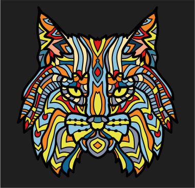 Lynx desenli başkanı. Yetişkin anti-stres boyama sayfası. Siyah beyaz ve renkli el çizilmiş hayvan. Afrika, Hint totem dövme tasarım. T-shirt, çanta, kartpostal, poster tasarımı